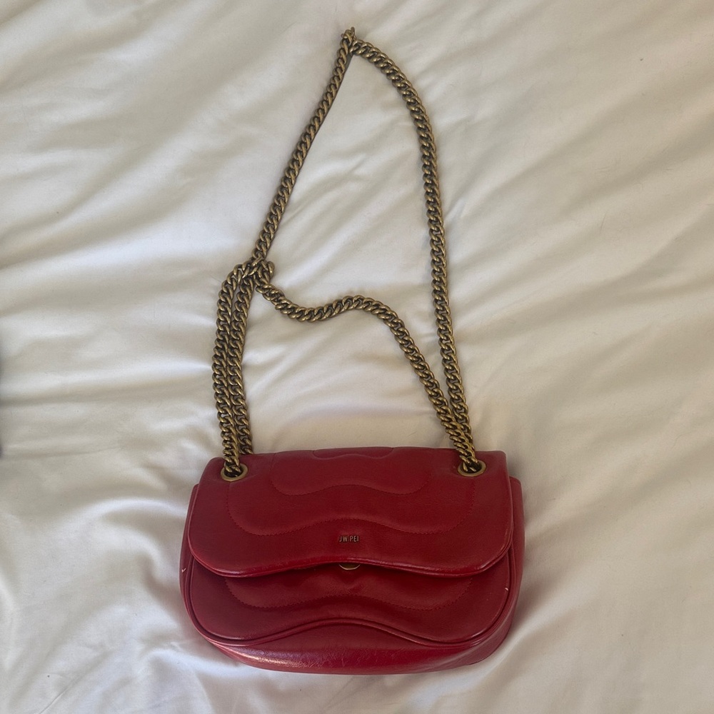 JW PEI Red Quilted Faux-Leather Shoulder Bag with Gold Chain